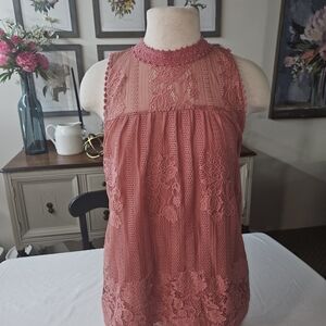 Miss Chievous Womens Allover Victorian Lace Tank Top Blouse L Dusty Rose Pink
